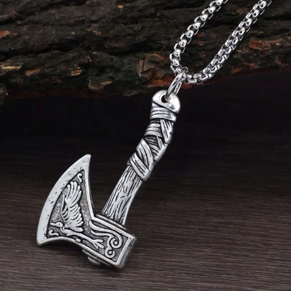 Nordic Viking Axe Necklace with Wolf & Bird